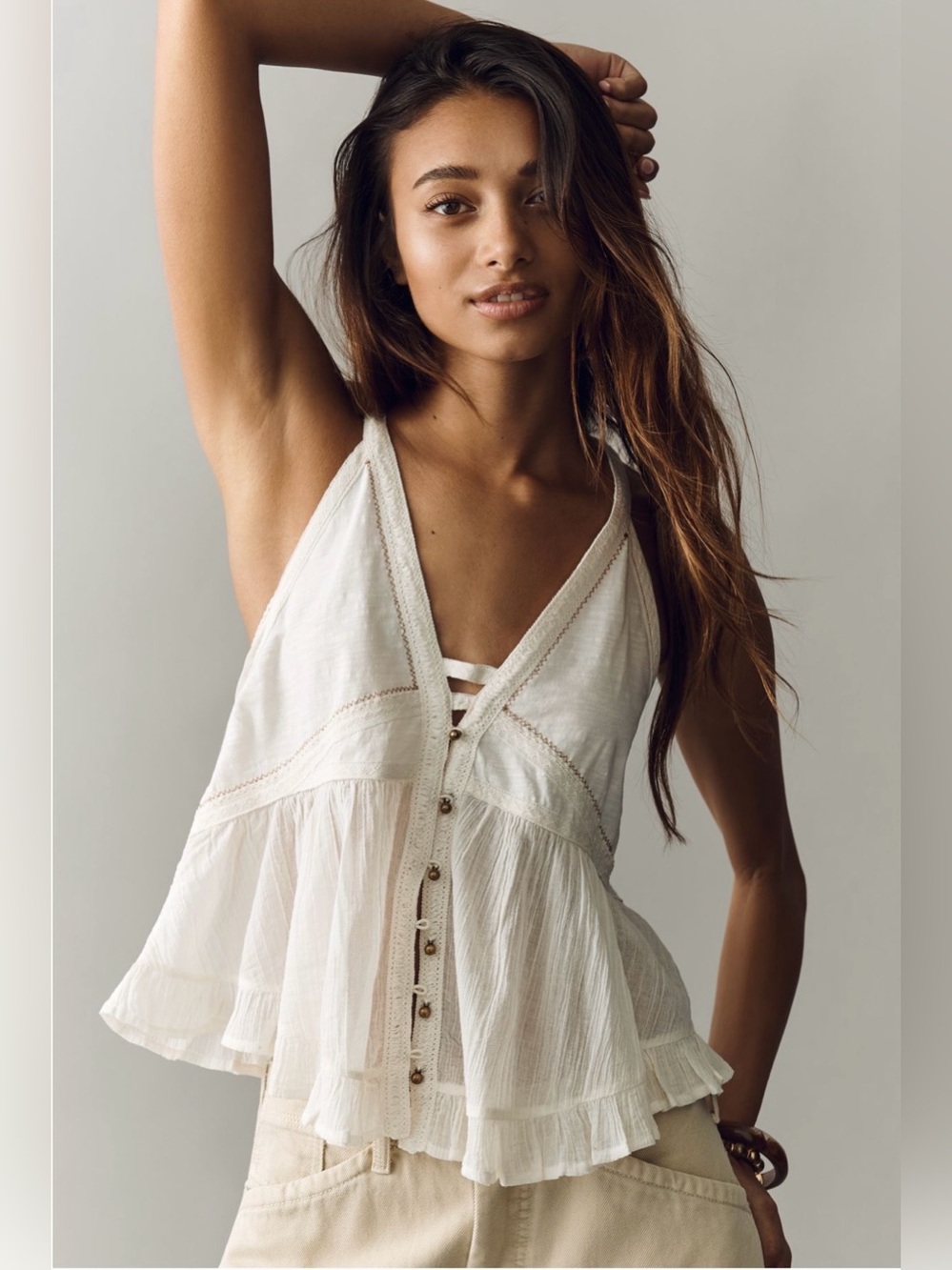Anthropologie White Ruffle V-Neck Button-Front Tank